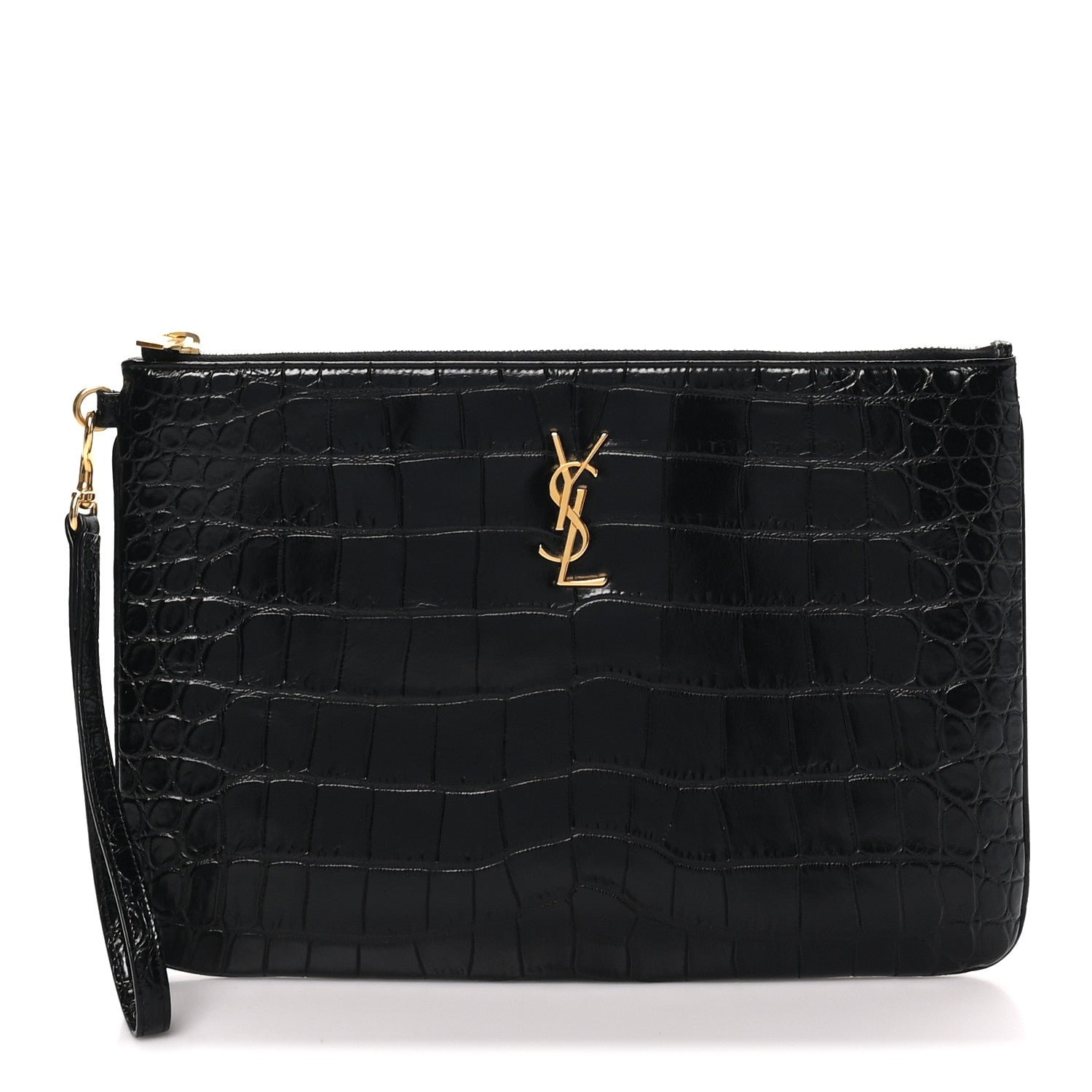 Saint Laurent Calfskin Crocodile Embossed Tablet Pouch Black