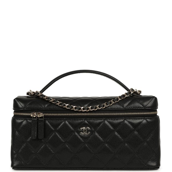 Chanel East West Top Handle Long Vanity Case with Chain Black Caviar Light Gold Hardware
