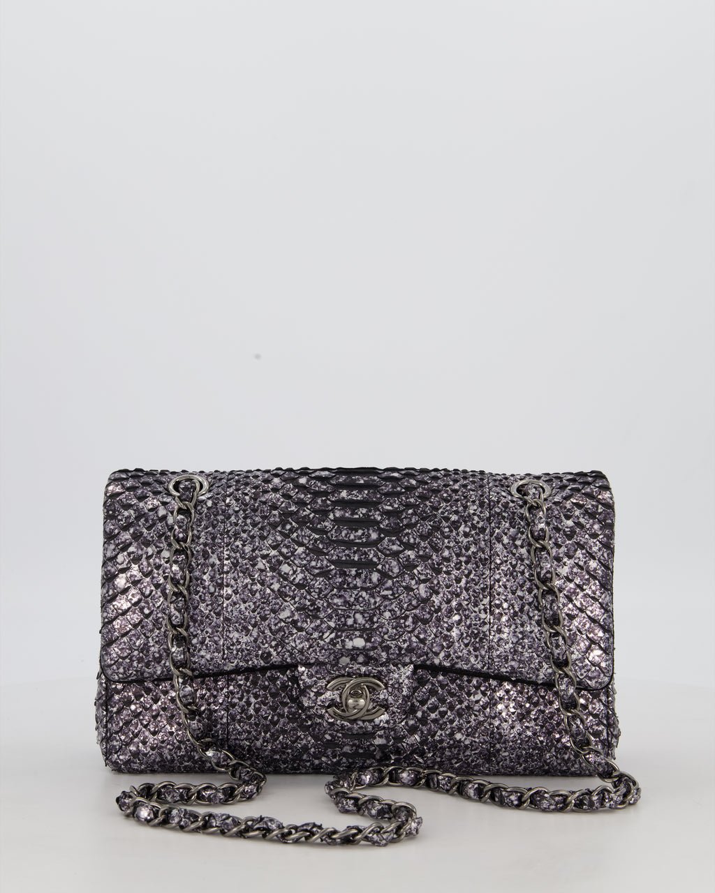 *RARE* Chanel Medium Double Flap Bag in Metallic Silver Python Leather with Gunmetal Hardware