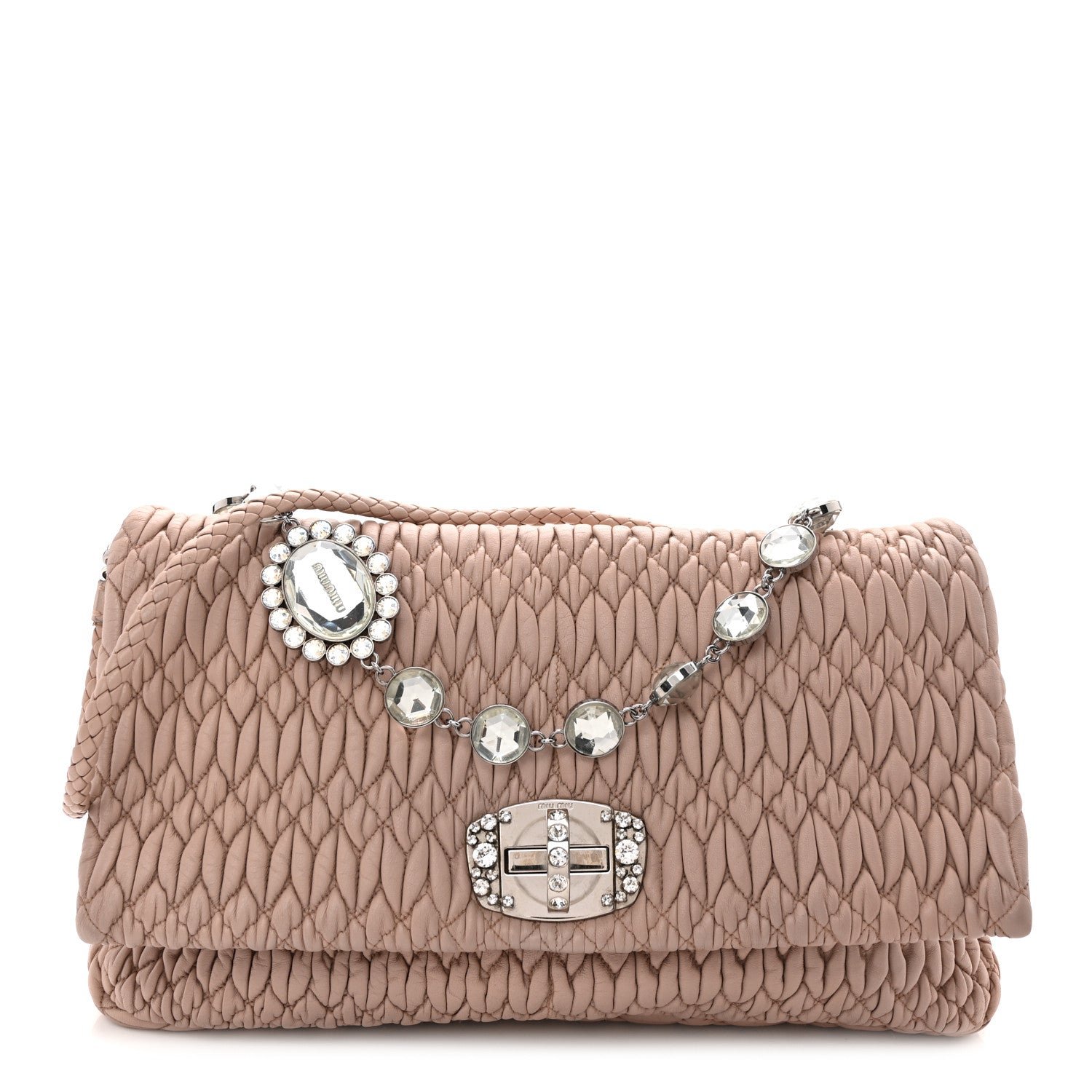 Miu Miu Nappa Matelasse Crystal Flap Clutch Cammeo