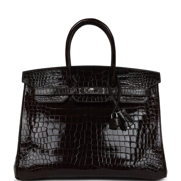 Hermes Pre-owned Hermes Birkin 35 Havane Shiny Porosus Crocodile Palladium Hardware