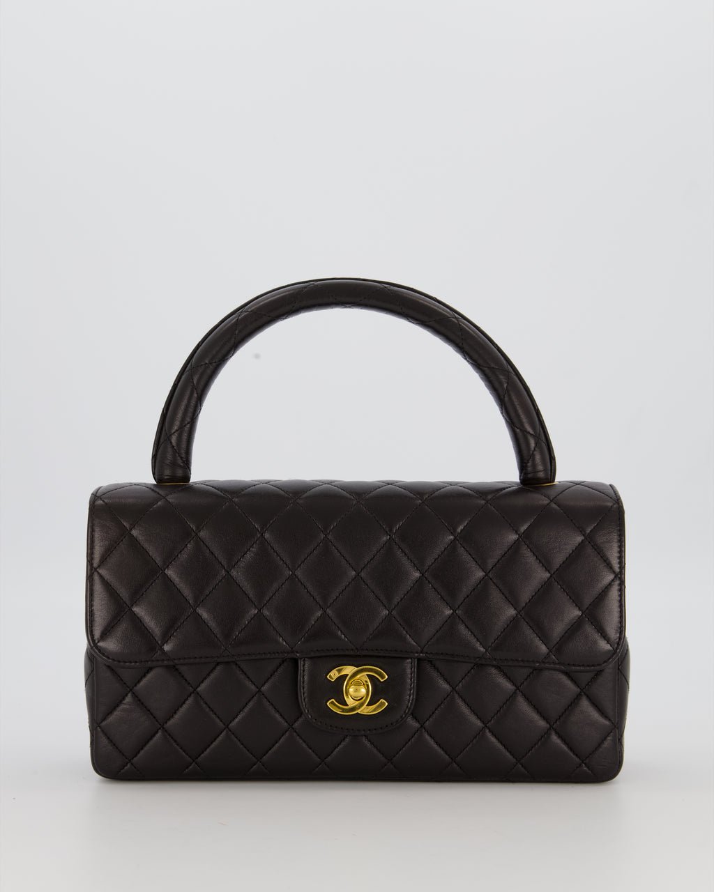 Chanel Black Vintage Top Handle Medium Single Flap Bag in Lambskin Leather with 24K Gold Hardware