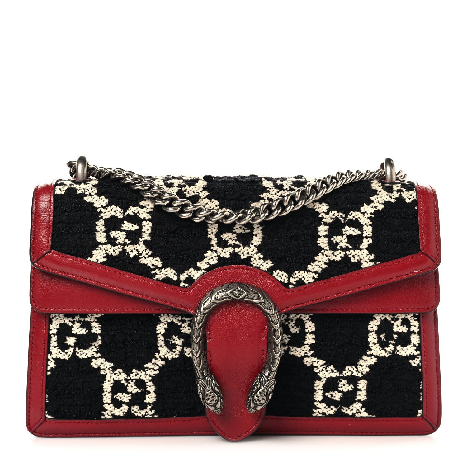 Gucci Tweed GG Monogram Small Dionysus Shoulder Bag Black White Romantic Cherry