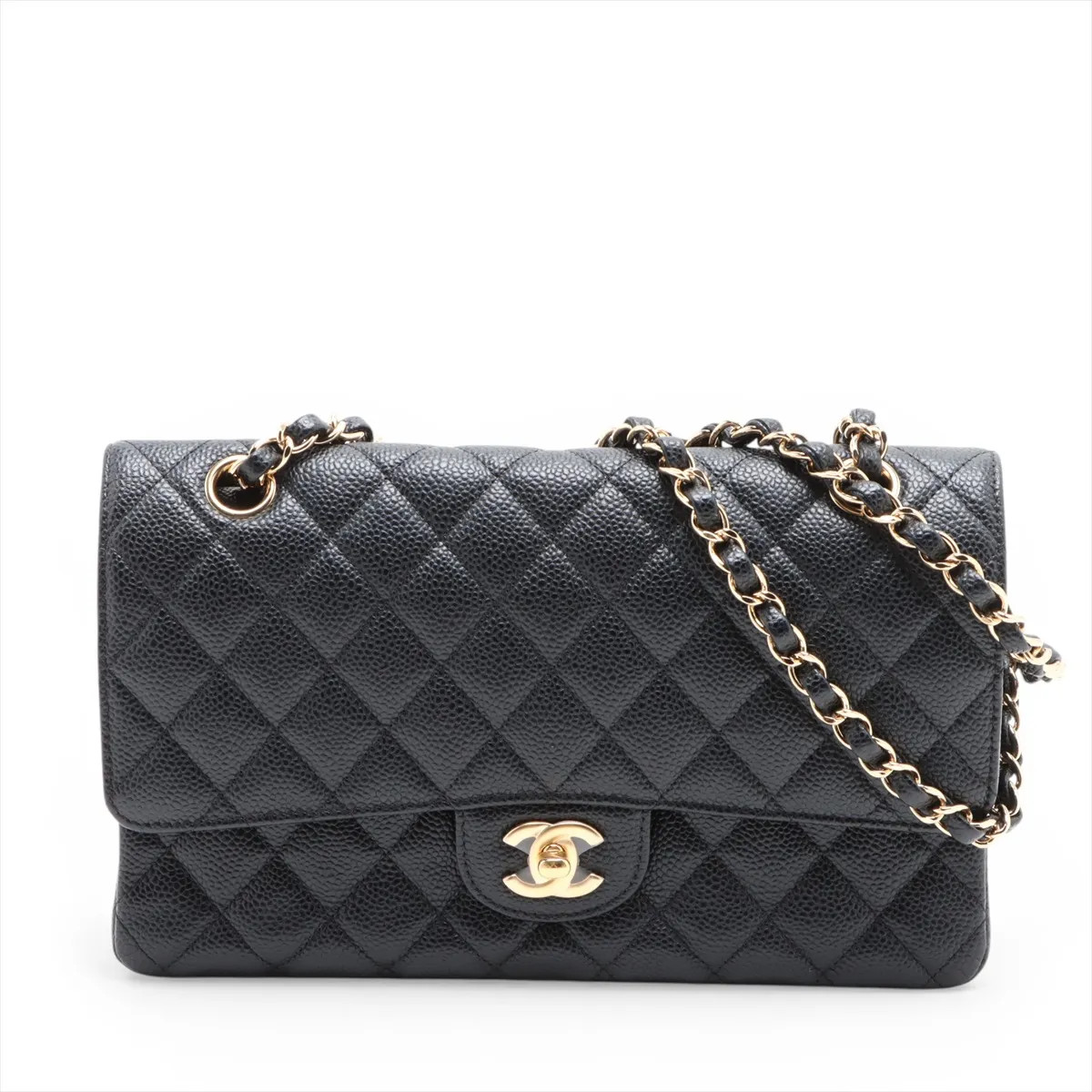 Chanel Matelasse 25 Caviar Skin Double Flap Double Chain Bag Black Gold Metal Fi