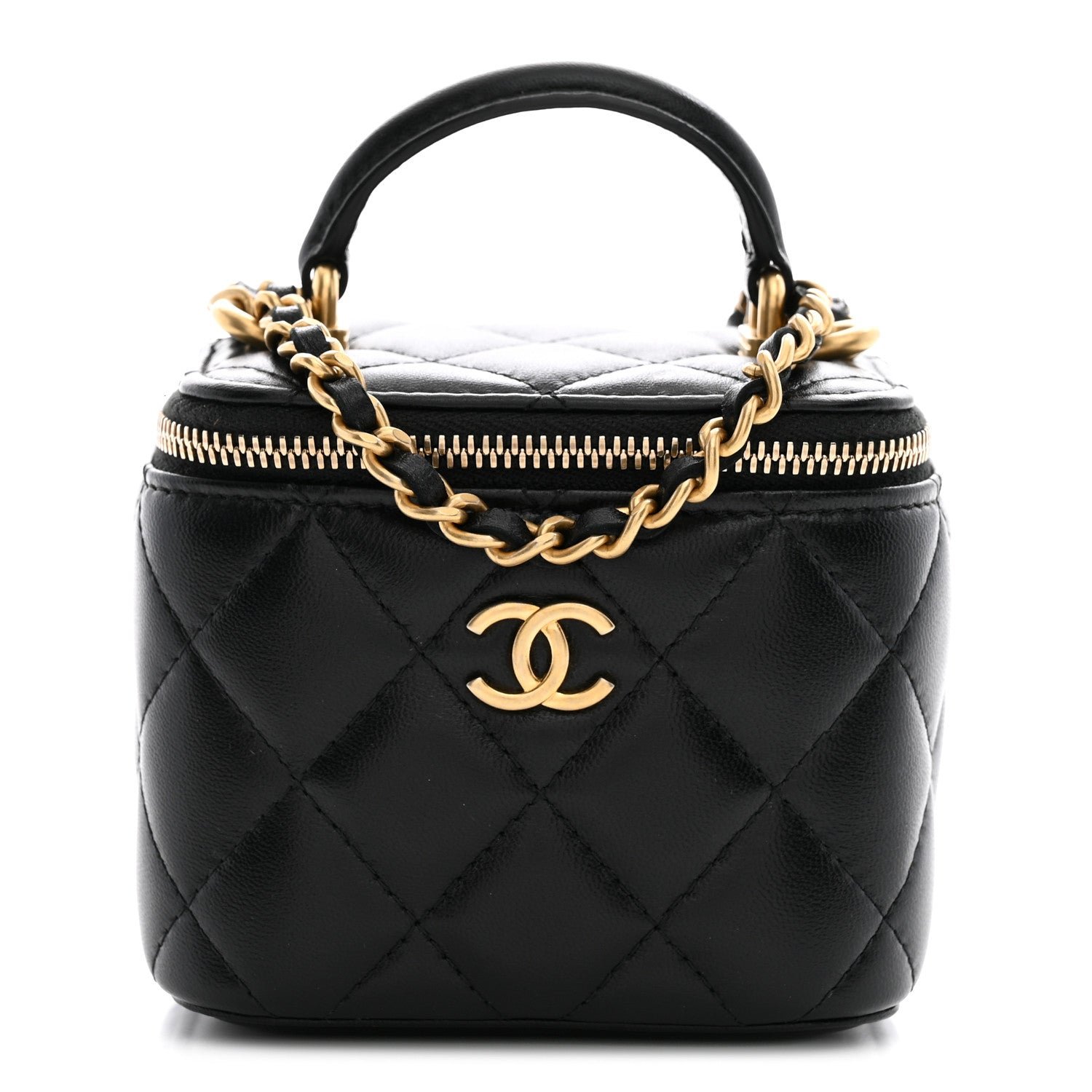 Chanel Lambskin Quilted Top Handle Mini Vanity Case With Chain Black