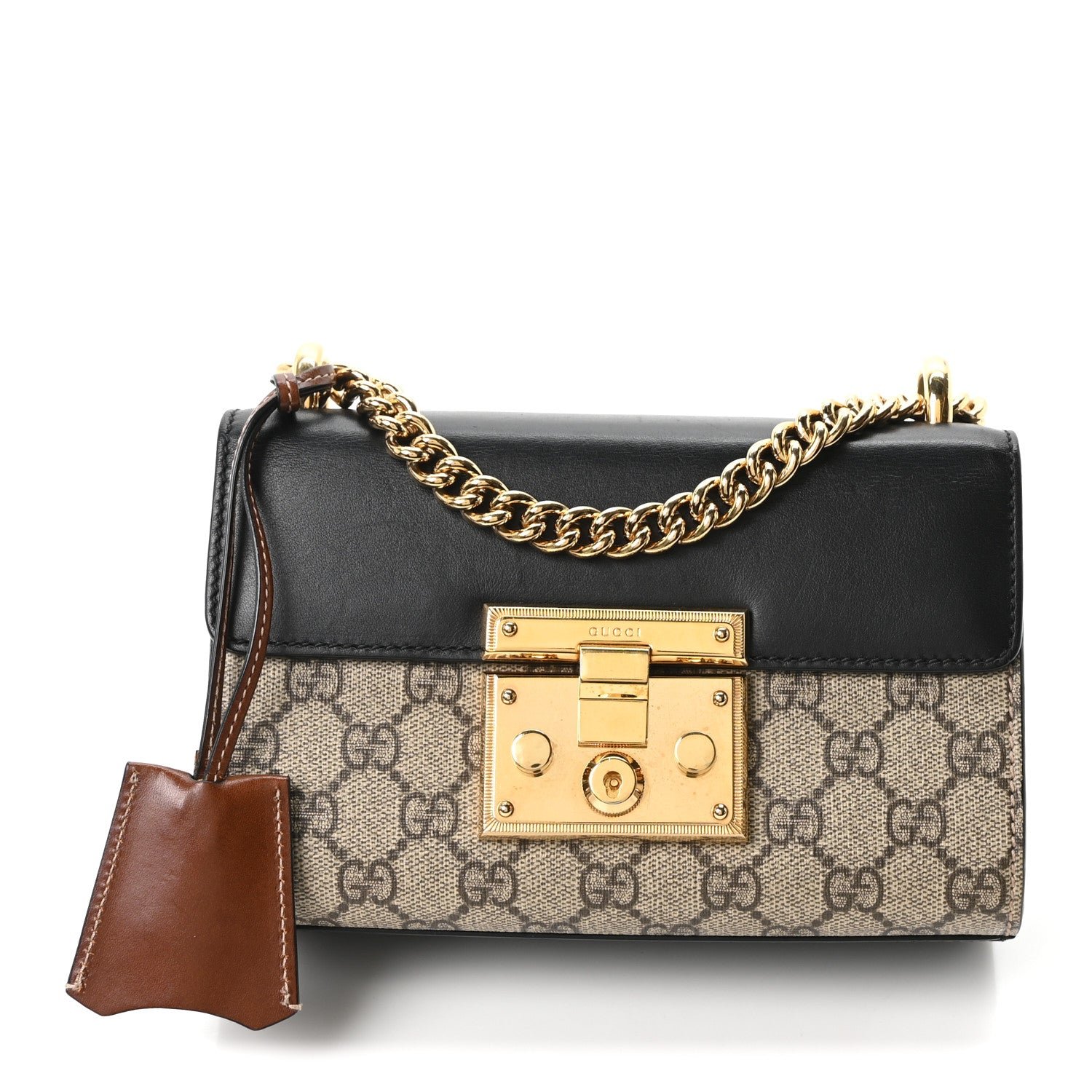 Gucci GG Supreme Monogram Calfskin Small Padlock Shoulder Bag Beige Black Cuir
