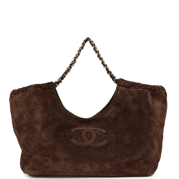 Chanel Small CC Cabas Hobo Bag Dark Brown Suede Gold Hardware