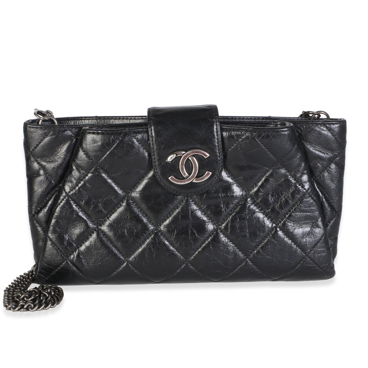 Black Quilted Calfskin Glazed Calfskin Coco Pleats Chain Clutch