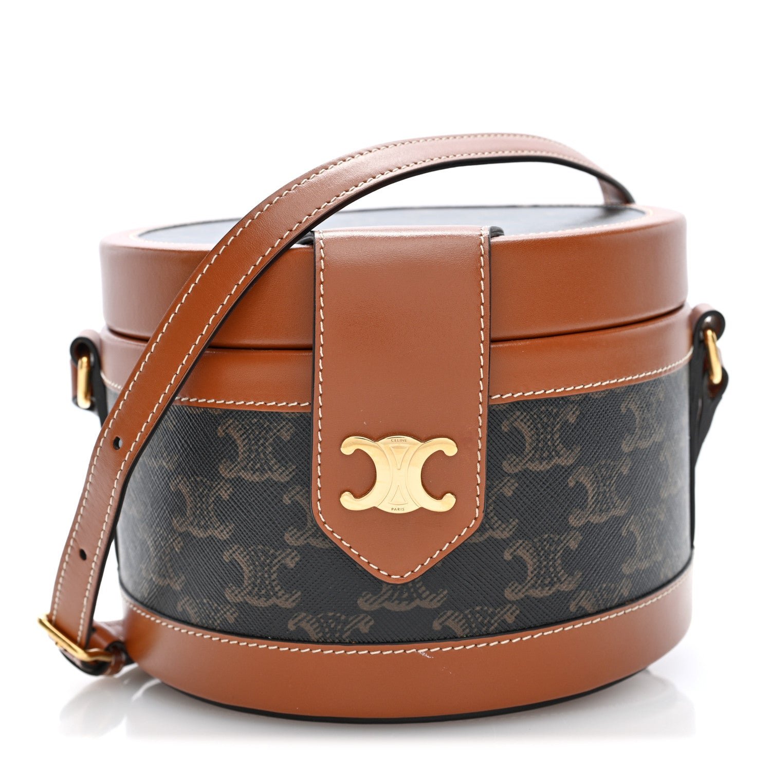 Celine Calfskin Triomphe Canvas Medium Tambour Bag Tan Tan