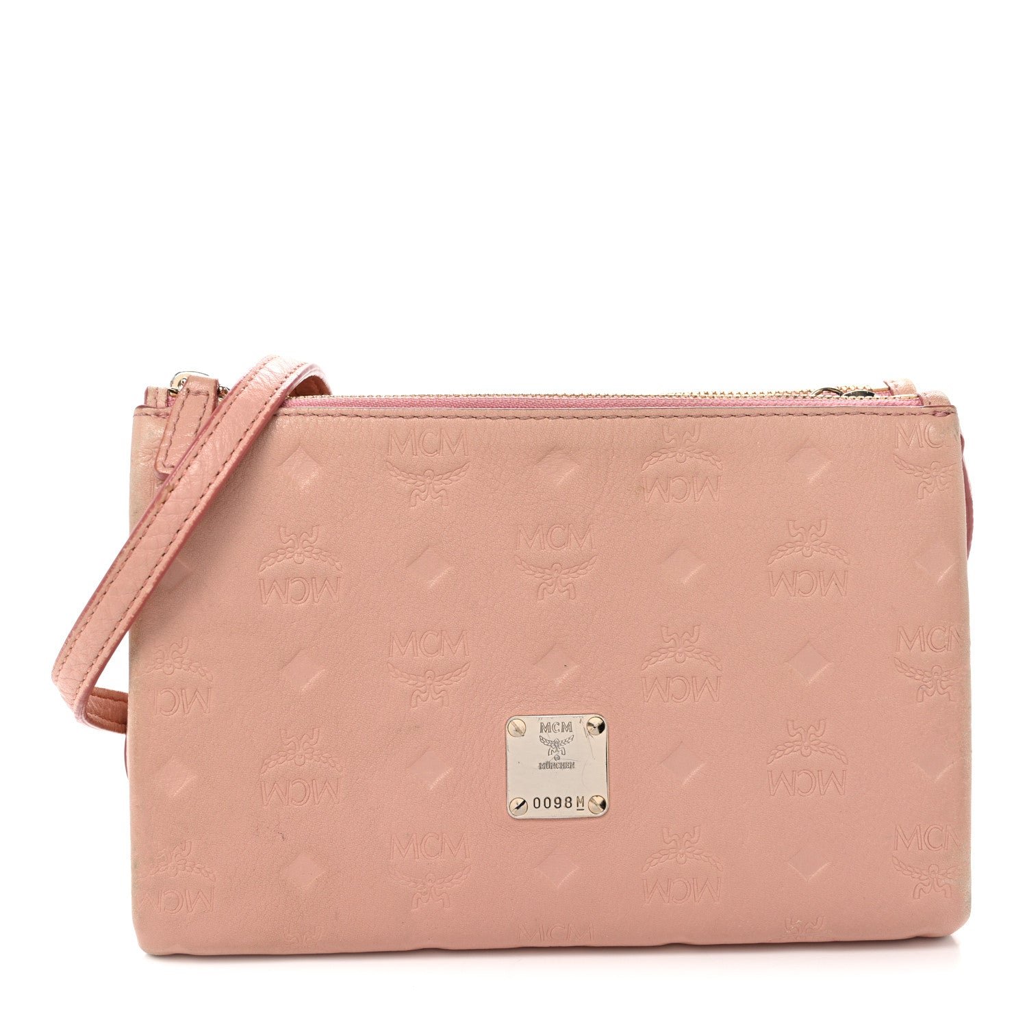 MCM Calfskin Ottomar Monogram Small Crossbody Zip Messenger Pouch Pink Blush