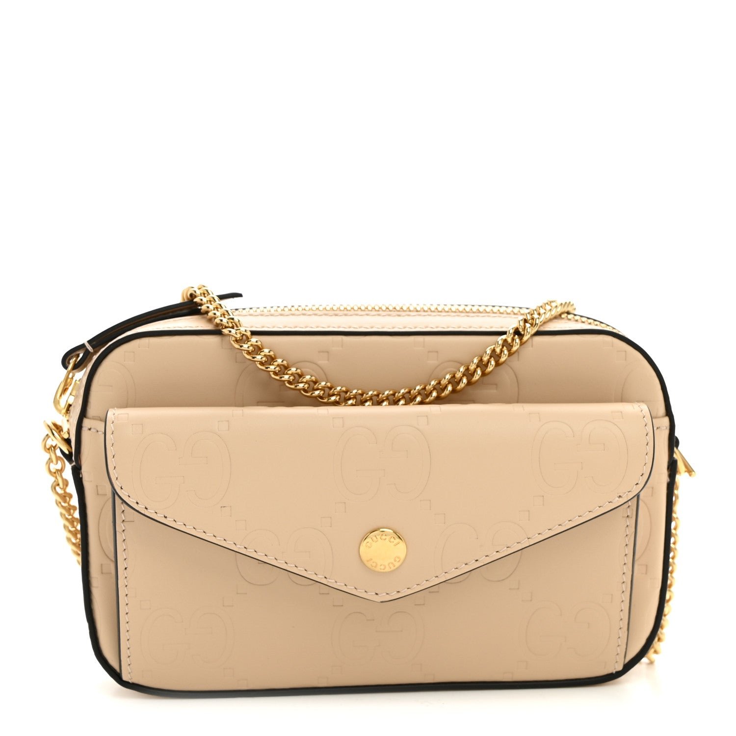 Gucci Calfskin GG Super Mini Debossed Chain Wallet Light Beige