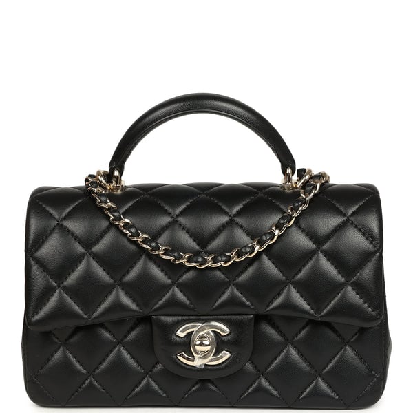 Chanel Chanel Mini Classic Rectangular Top Handle Flap Bag Black Lambskin Light Gold Hardware