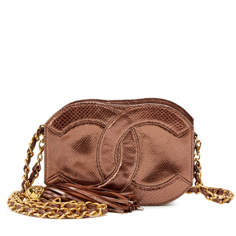 Vintage Bronze Lizard Mini Tassel Camera Bag Gold Hardware, 1989-1991