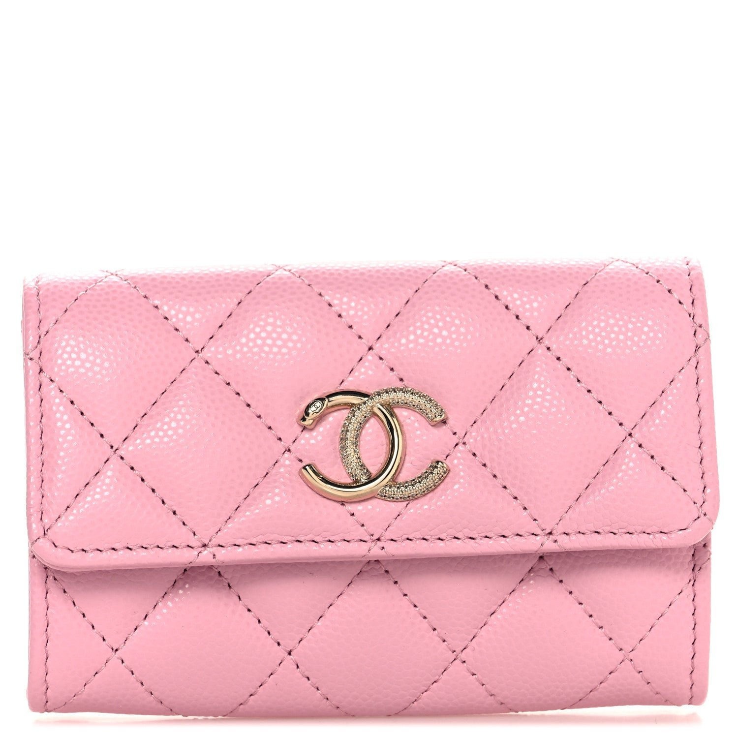 Caviar Quilted Crystal CC Flap Card Holder Pink
