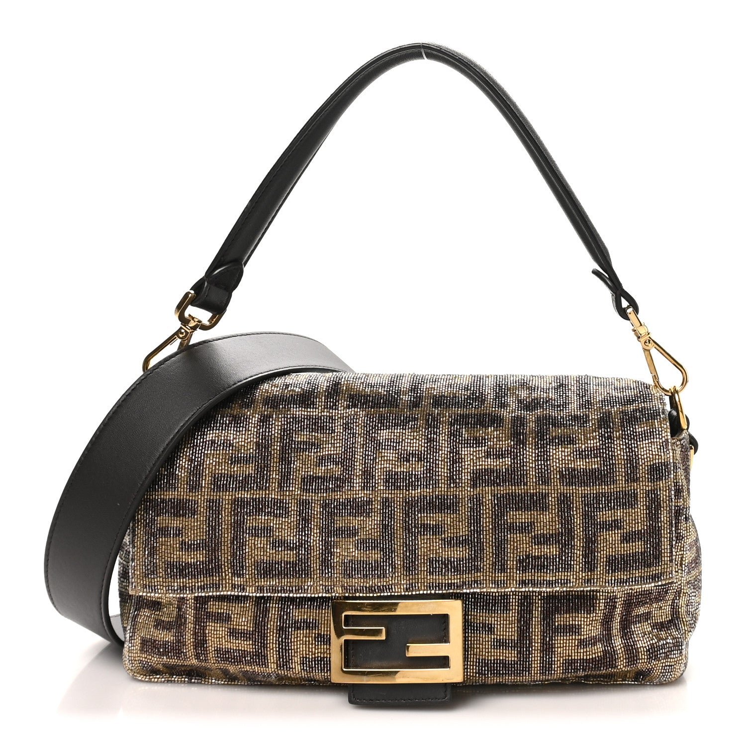 Fendi Vitello King Beaded Zucca Baguette Mogano Panna Ebano