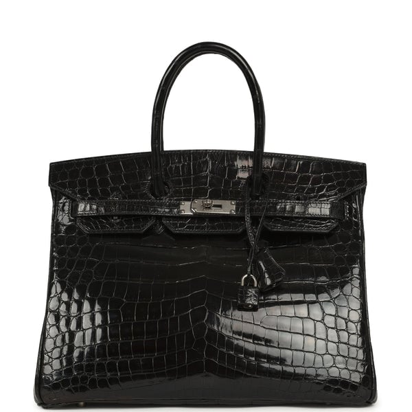 Vintage Hermes Birkin 35 Black Shiny Niloticus Crocodile Palladium Hardware