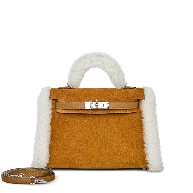 Hermes Limited Edition Alezan Swift, Chamois Grizzly and Ecru Shearling Teddy Plush Mini Kelly II 20 Palladium Hardware, 2024
