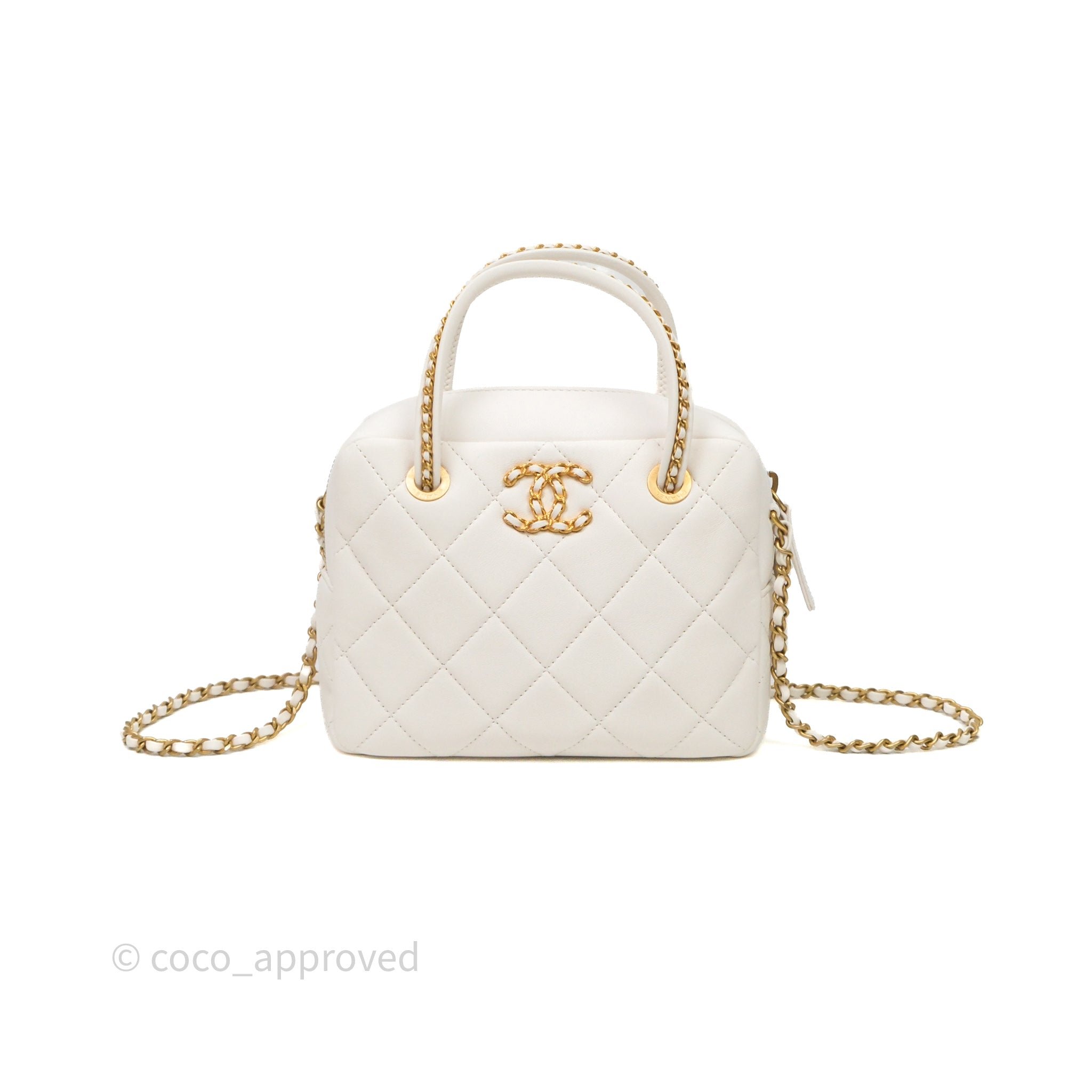 Chanel Top Handle Bowling Bag White Lambskin Aged Gold Hardware