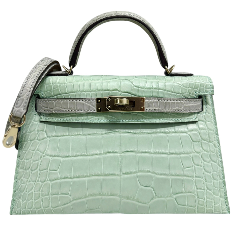 Hermes Vert D'eau and Gris Perle Matte Alligator HSS Mini Kelly 20 II Permabrass Hardware, 2023