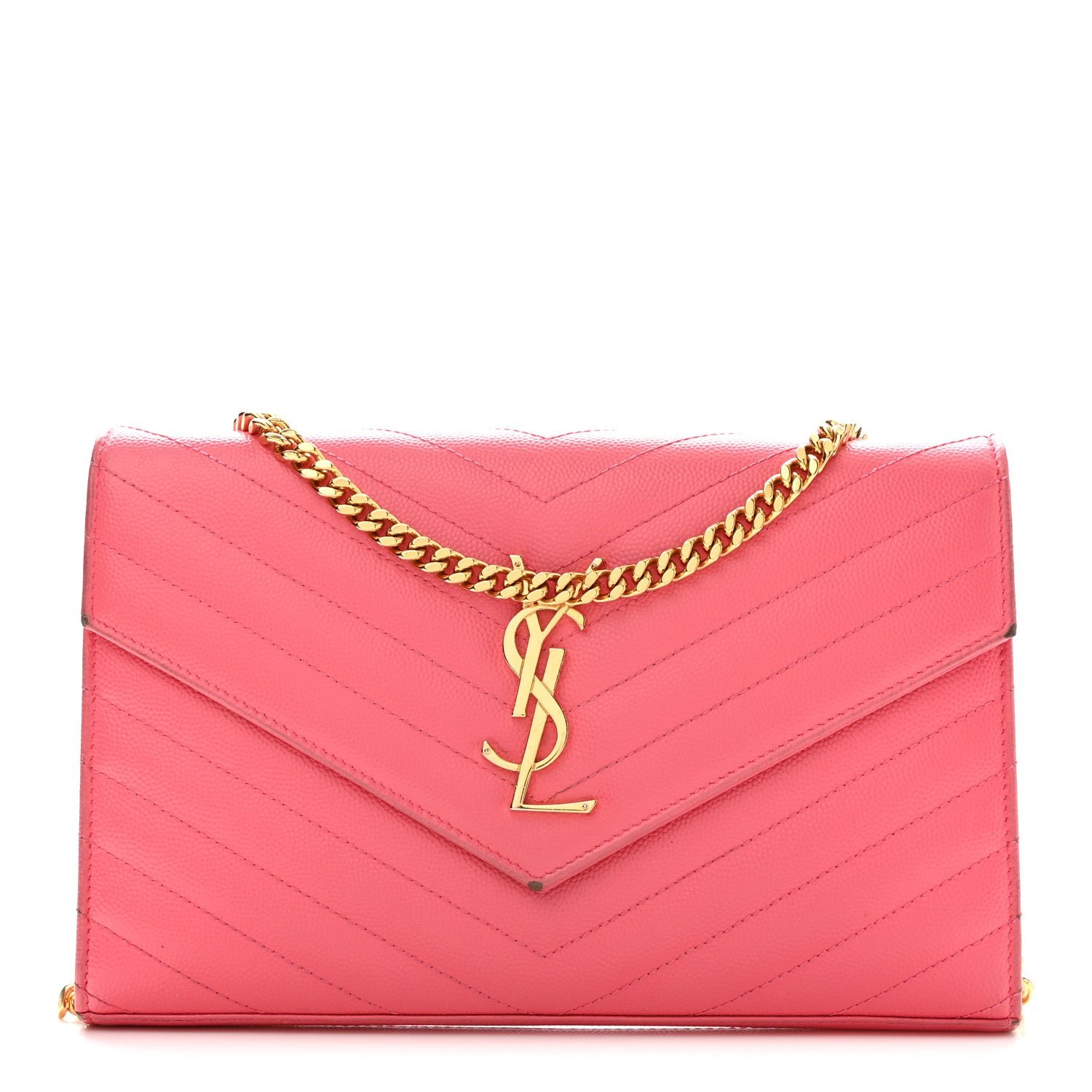 Saint Laurent Grain De Poudre Matelasse Chevron Monogram Chain Wallet Rose Clair