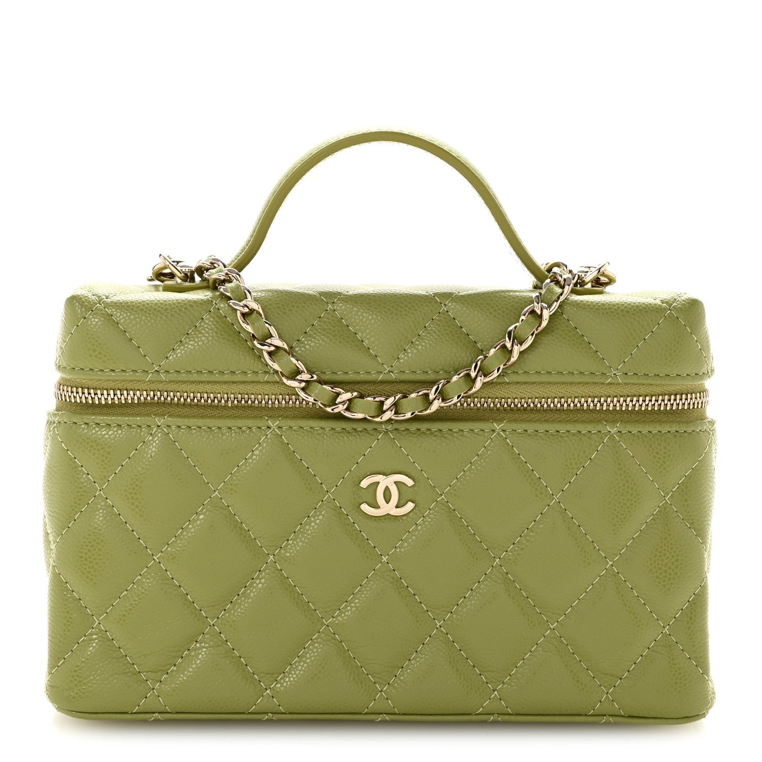 Chanel Caviar Quilted Top Handle Slim Vanity With Chain Khaki
