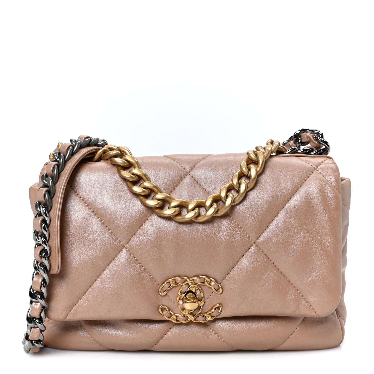 Chanel Shiny Lambskin Quilted Medium Chanel 19 Flap Beige