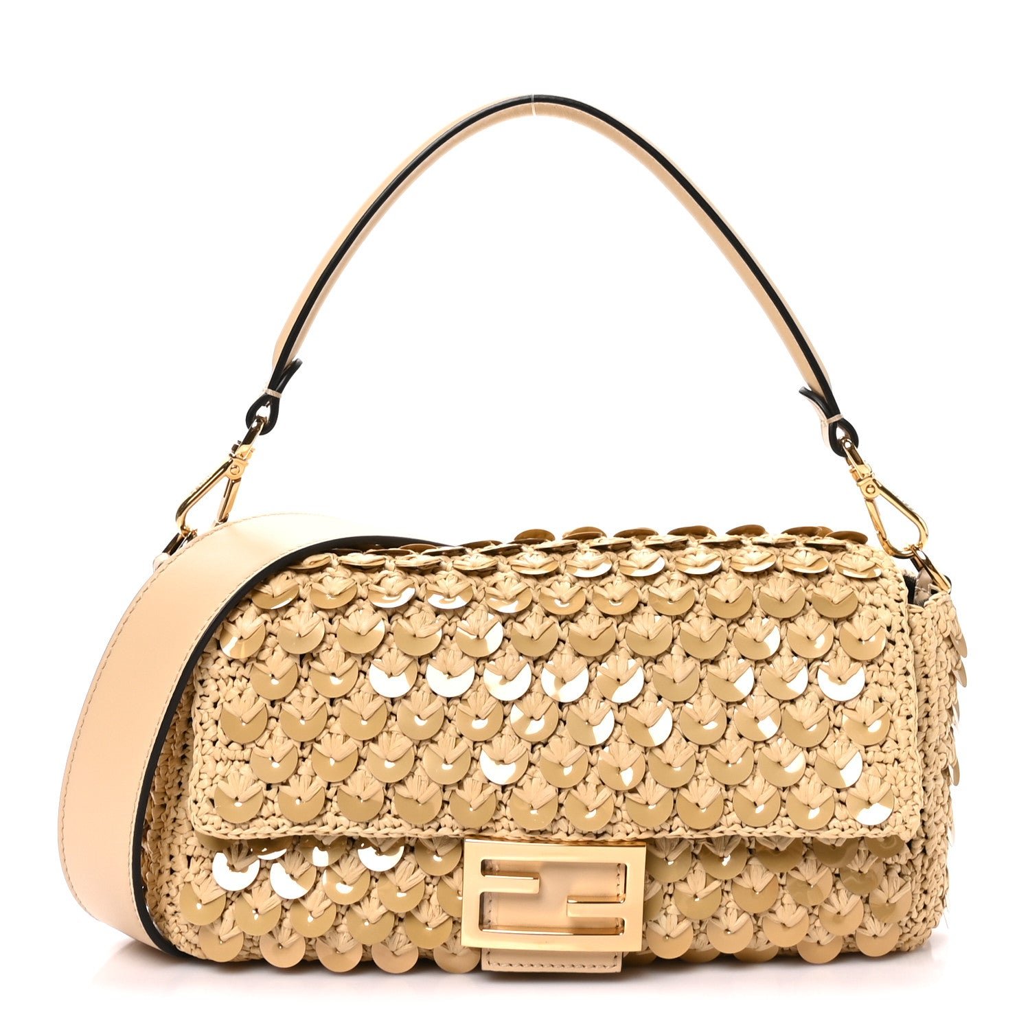Fendi Sequin Macrame Baguette Beige Gold