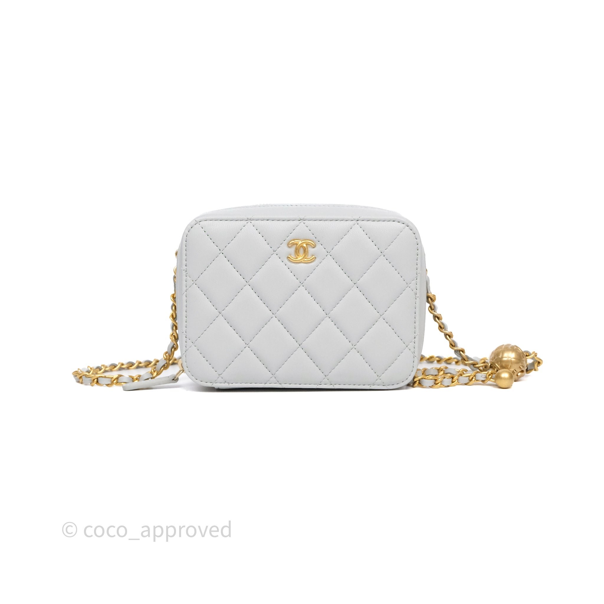 Chanel Quilted CC Pearl Crush Camera Case Light Blue Grey Lambskin Aged Gold Hardware