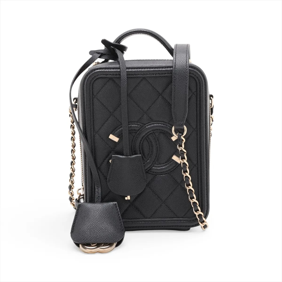 Chanel CC Filigree Caviar Skin 2 Way Shoulder Bag Black Gold Metal Fittings 29th