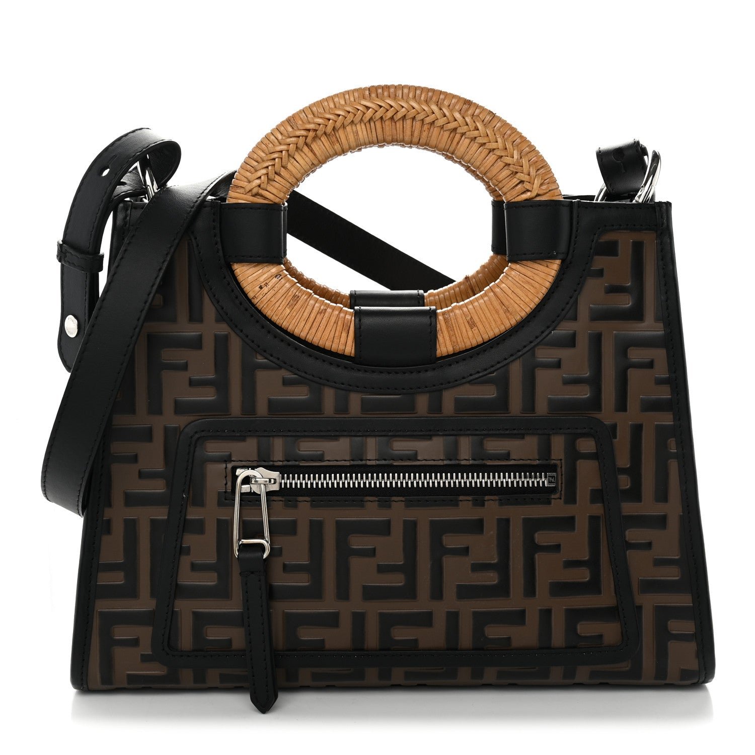 Fendi Vitello Century Wicker Bi-Color FF 1974 Embossed Small Runaway Shopper Tote Maya Black