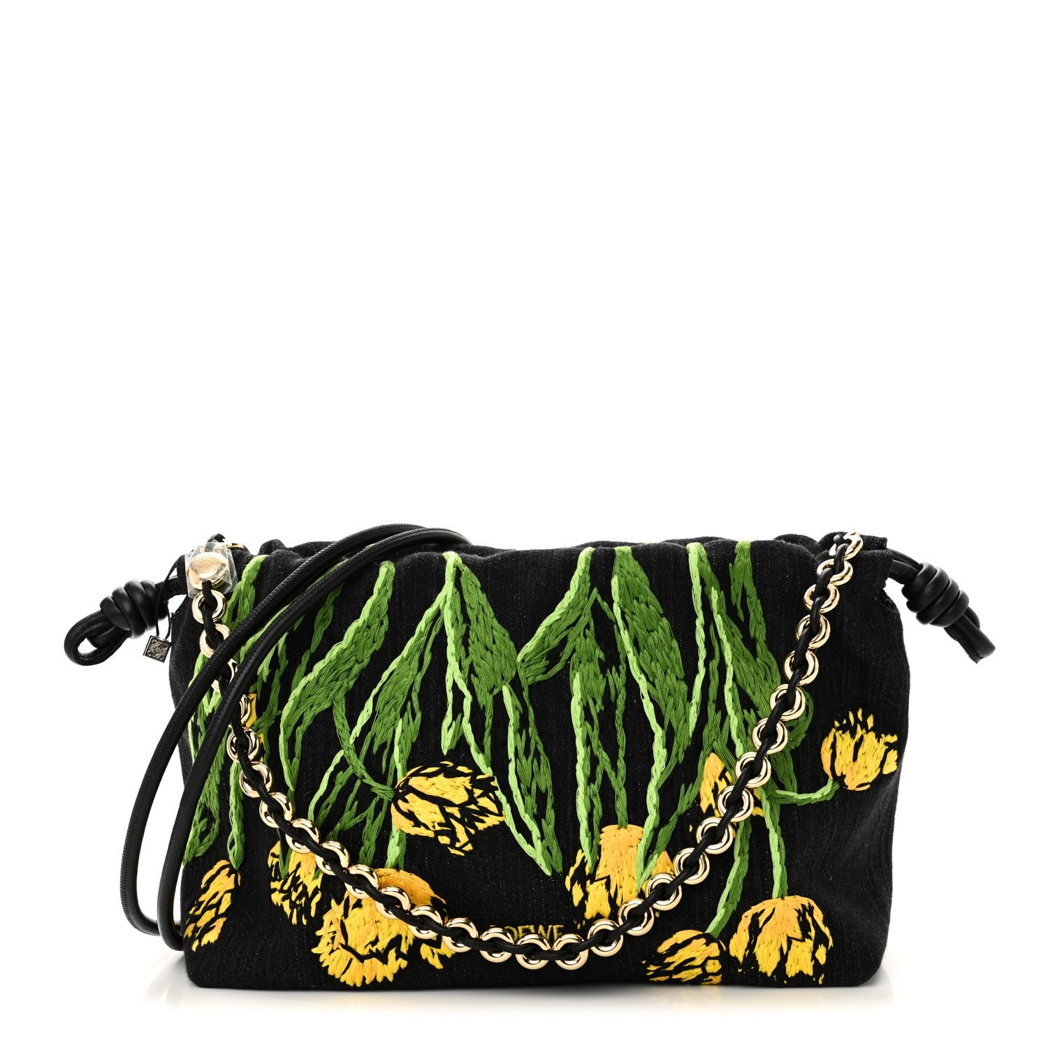 Loewe Denim Calfskin Tulip Paulas Ibiza Medium Donut Chain Flamenco Knot Clutch Black Multicolor