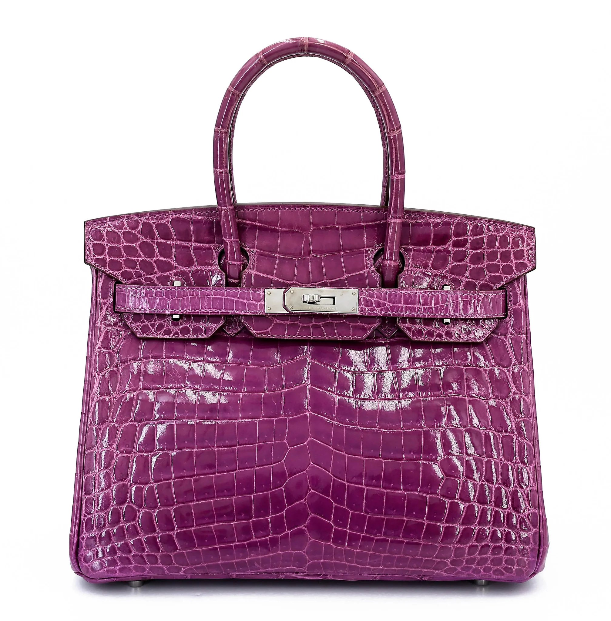 Good ( Rank AB) HERMÈS Birkin 30 Violet (96) Shiny Niloticus Crocodile Palladium hardware Square O (2011)