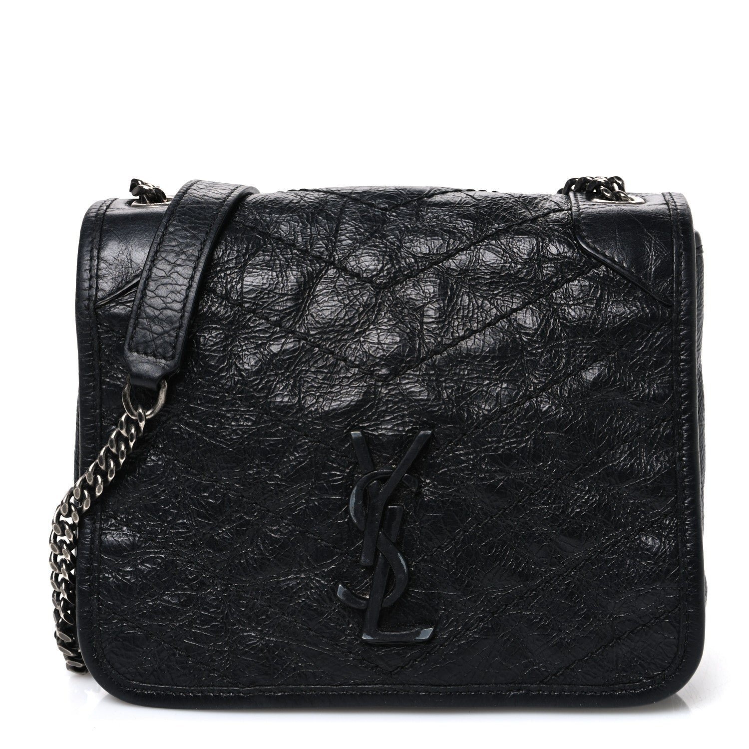 Saint Laurent Crinkled Calfskin Matelasse Monogram Niki Chain Wallet Black