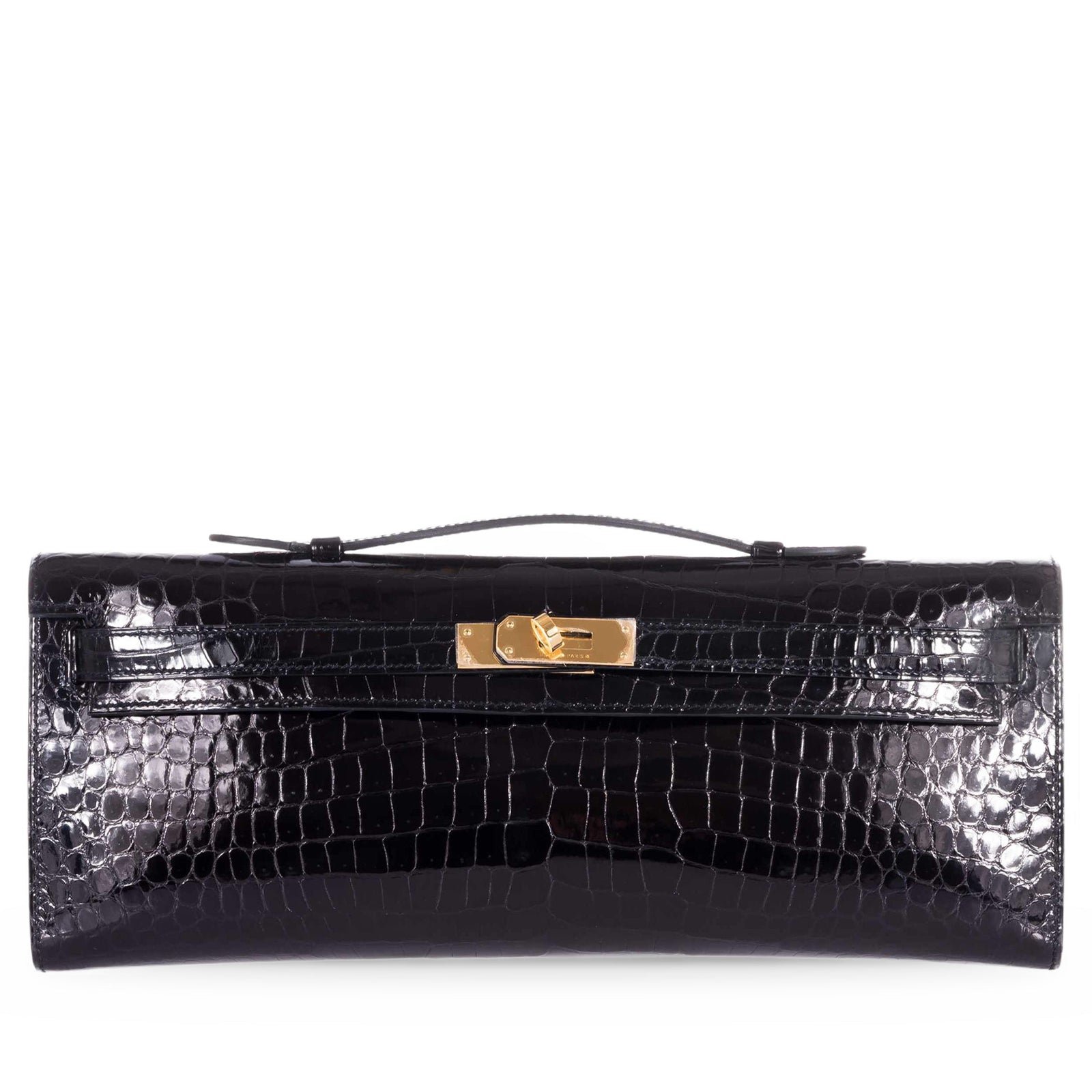 Hermès Kelly Cut Noir Shiny Porosus Crocodile Gold Hardware
