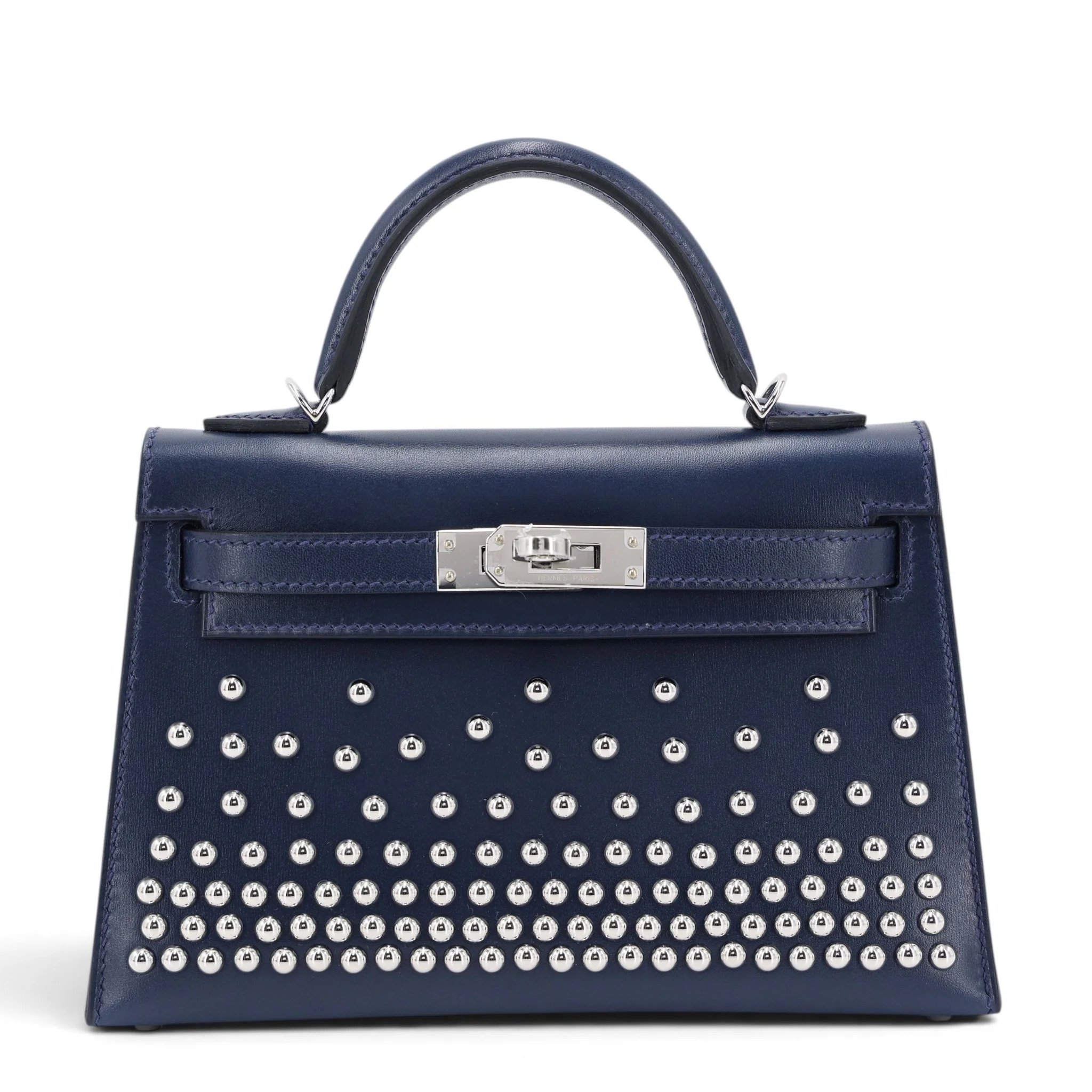 Brand New ( Rank N ) HERMÈS Limited Edition Mini Kelly II Cloute Studded Bleu Abysse (7K) Box-calf Palladium hardware K (2025)