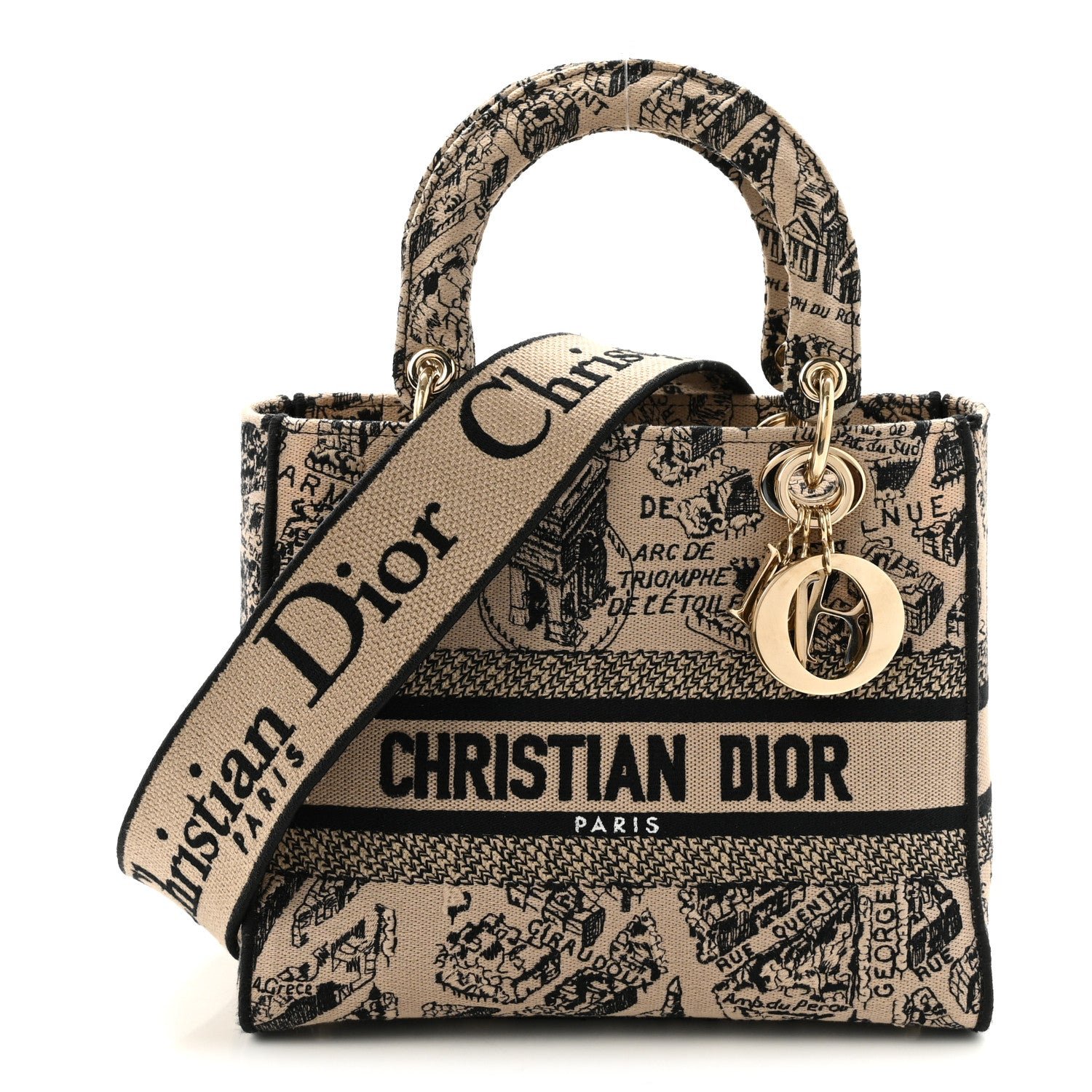 Christian Dior Canvas Embroidered Medium Plan de Paris Lady D-Lite Beige Black