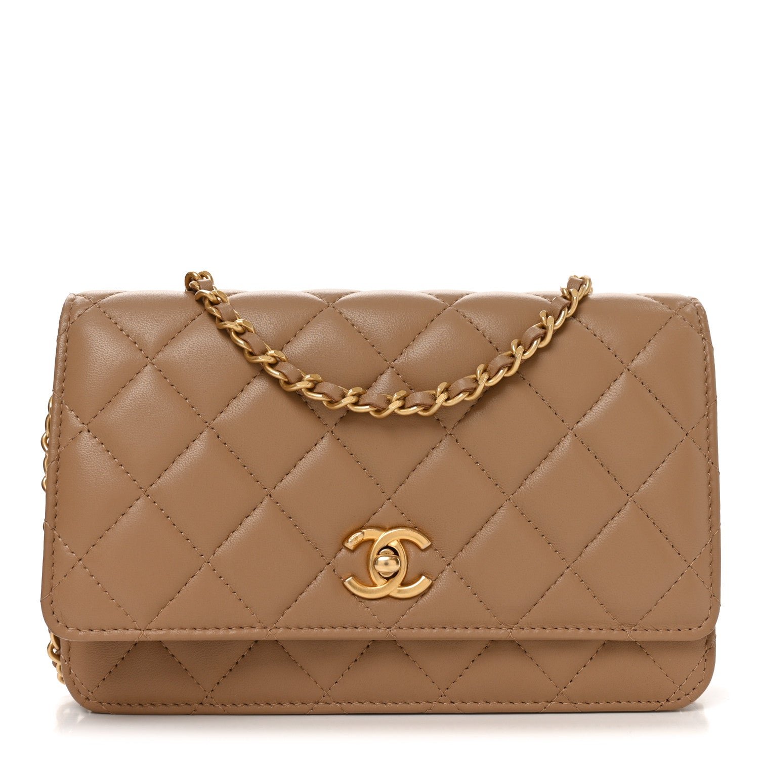Chanel Lambskin Quilted CC Pearl Crush Wallet on Chain WOC Beige