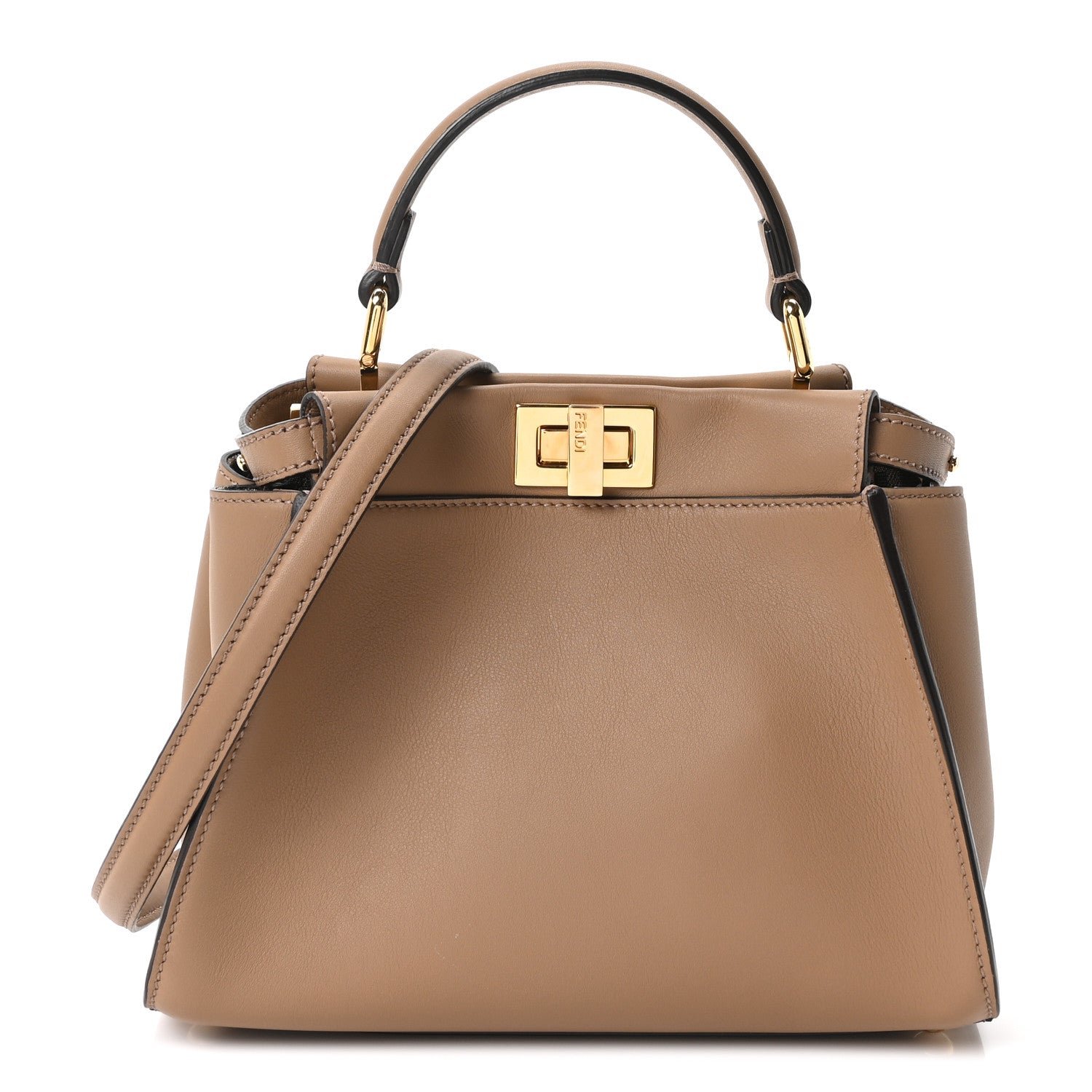 Fendi Vitello Seta Fabric Jacquard FF 1974 Mini Peekaboo Iconic Satchel Sand Tobacco Moro