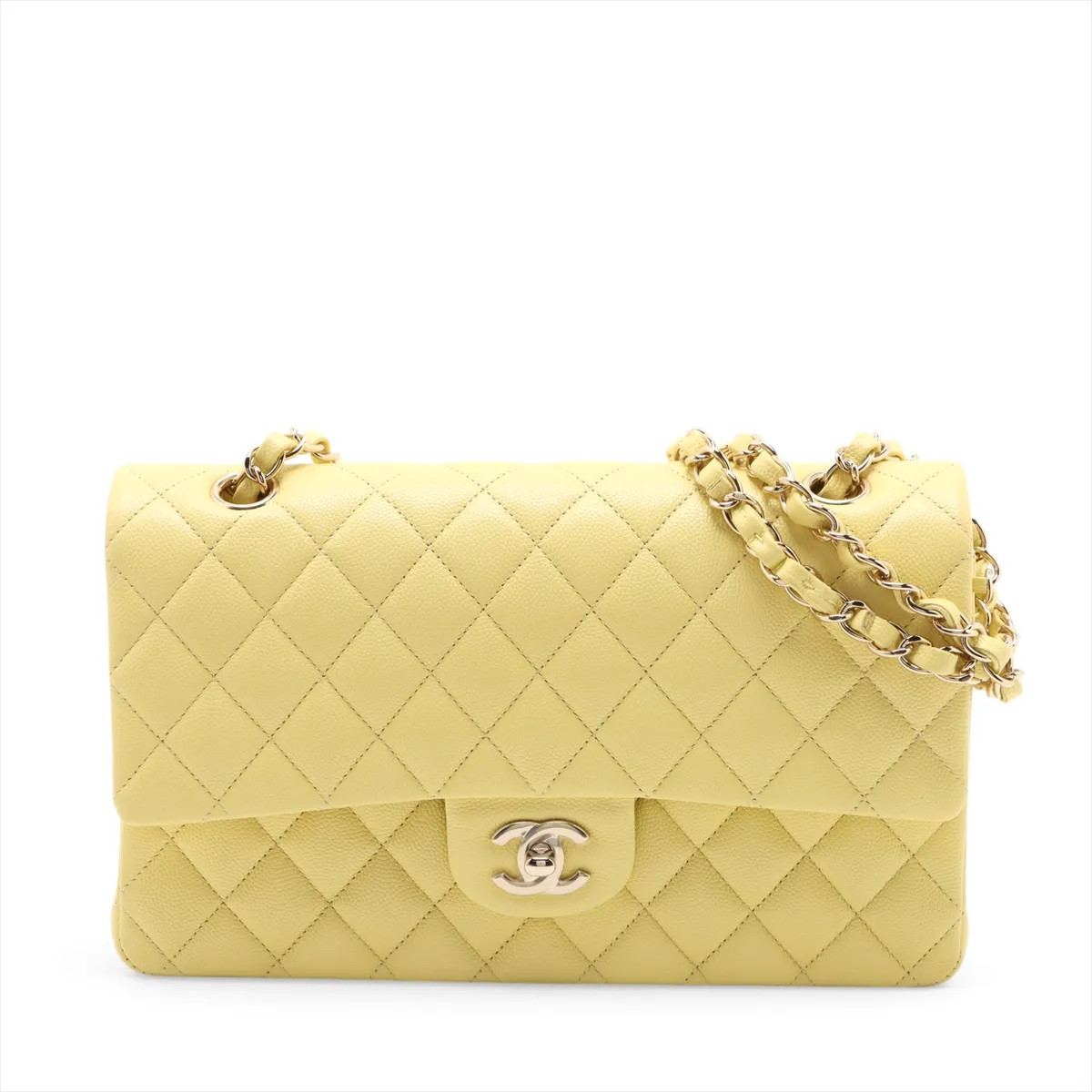 Chanel Matelasse 25 Caviar Skin Double Flap Double Chain Bag Yellow Gold Metal F