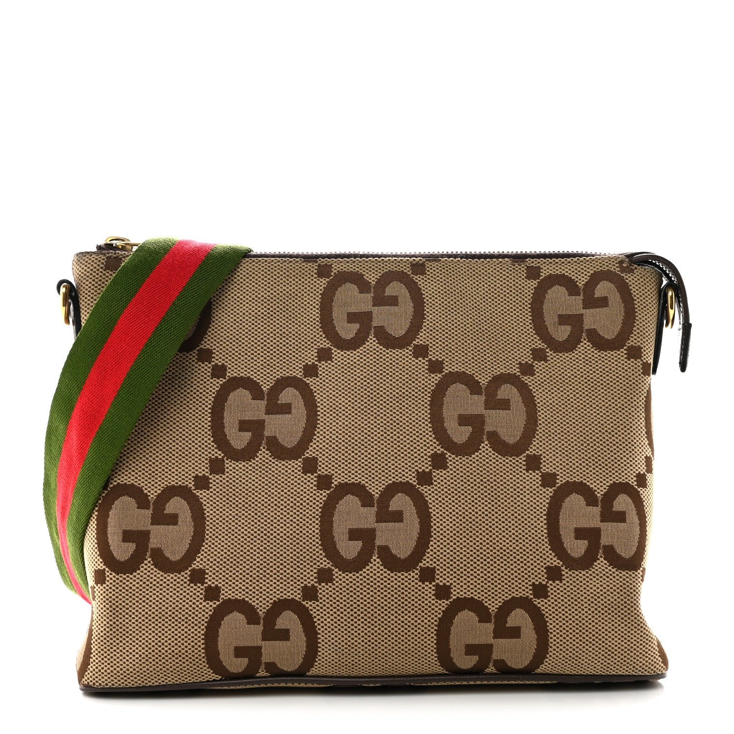 Gucci Monogram Jumbo GG Textured Dollar Calfskin Web Wristlet Messenger Bag Camel Ebony New Acero