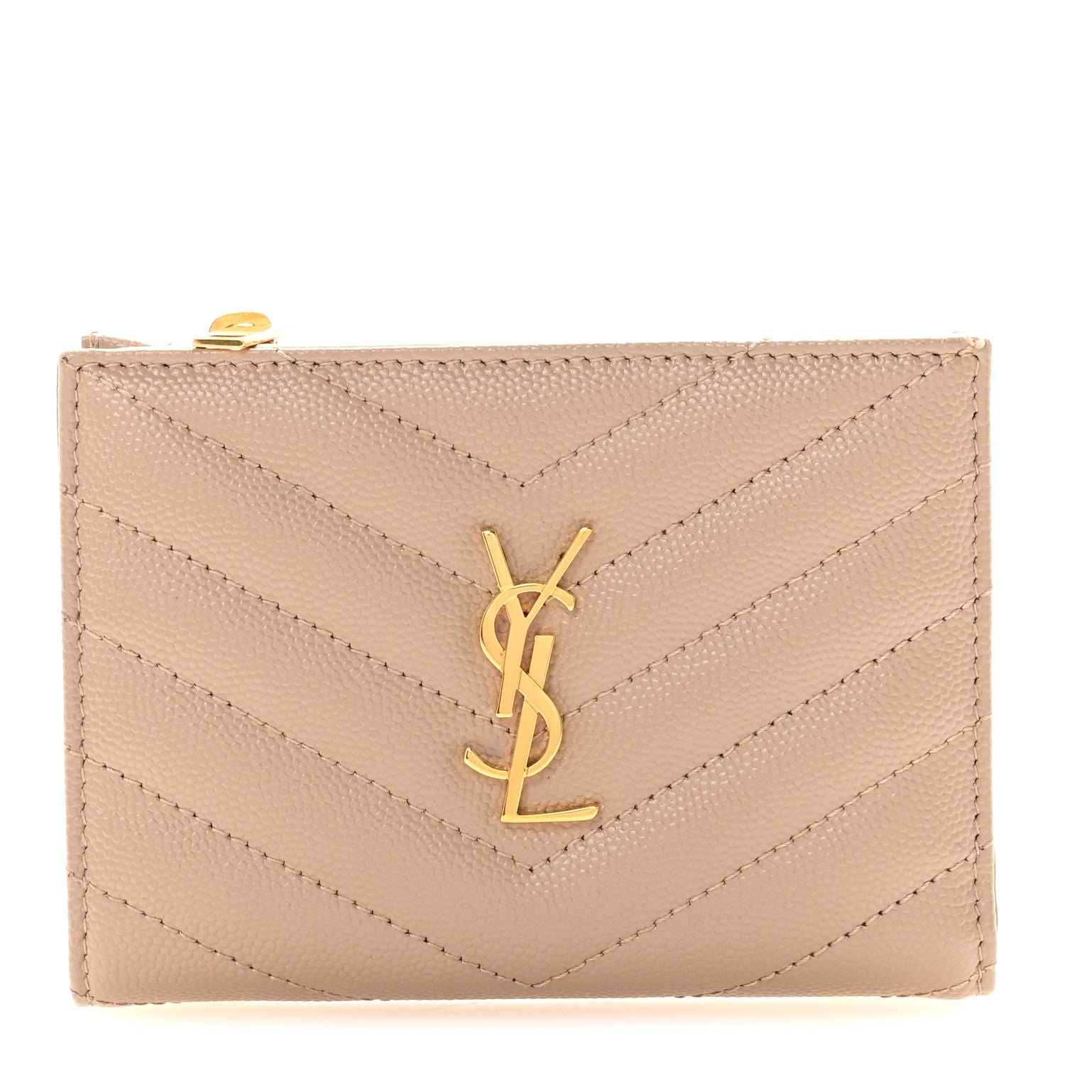 Saint Laurent Saint Laurent Grain De Poudre Matelasse Chevron Monogram Zipped Card Case Dark Beige