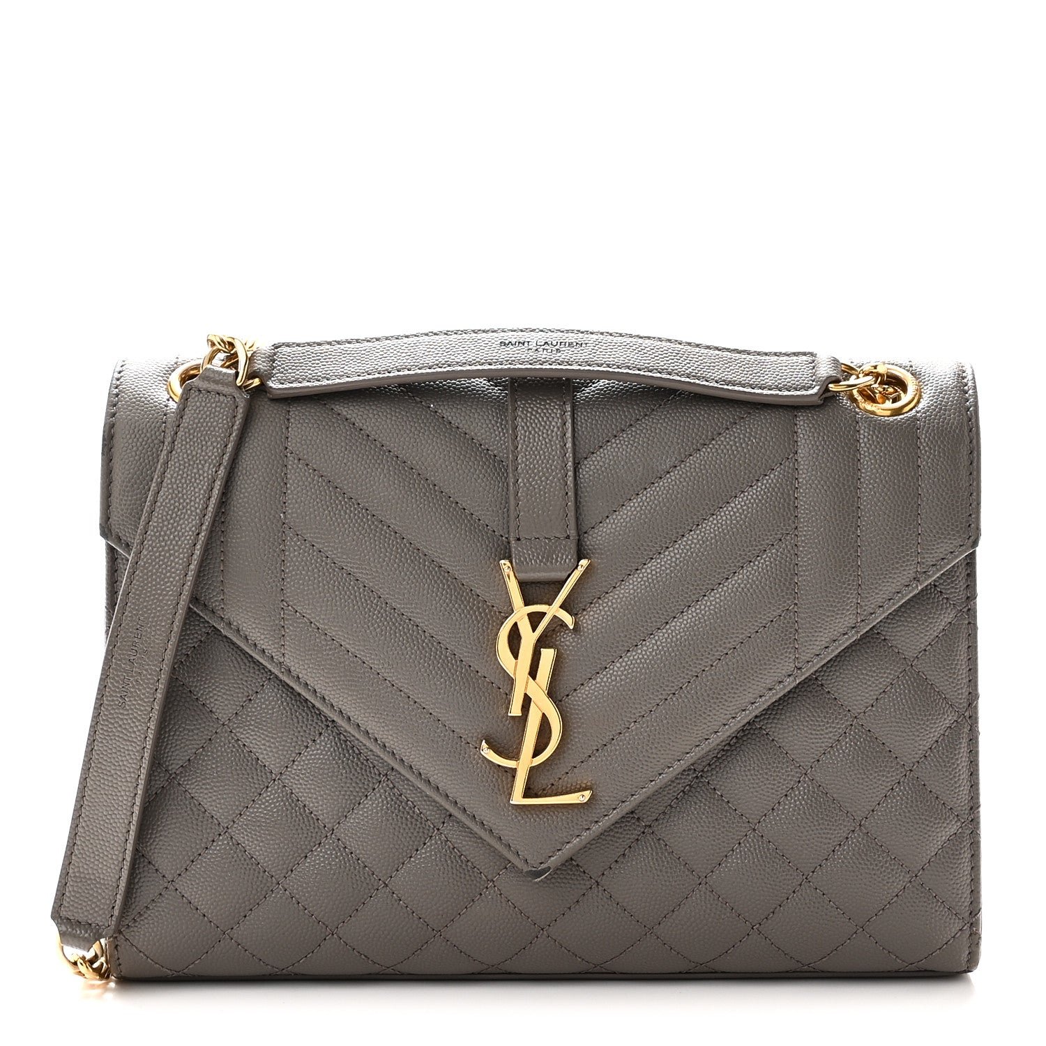 Saint Laurent Grain De Poudre Textured Mixed Matelasse Triquilt Medium Monogram Satchel Greyish Brown