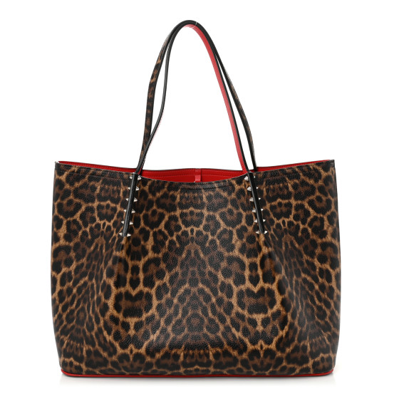 Christian Louboutin Calfskin Leopard Print Spikes East West Cabata Tote Brown