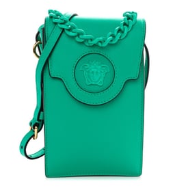 Versace Calfskin La Medusa Chain Crossbody Phone Pouch Turquoise