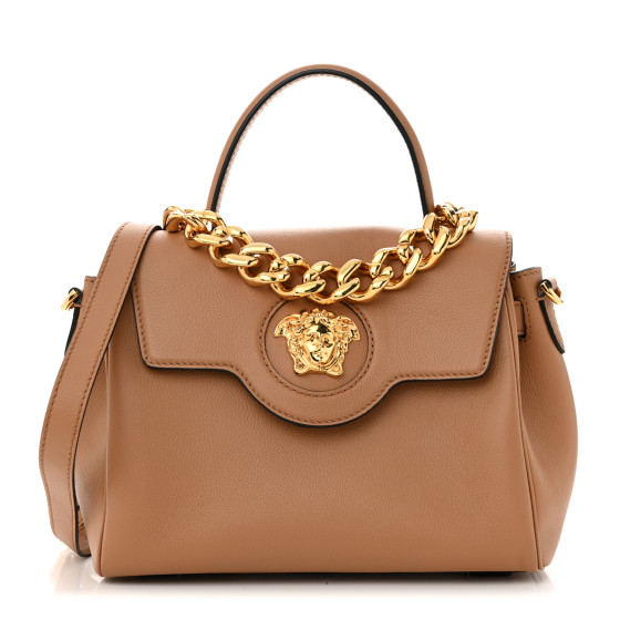 Versace Calfskin Medium La Medusa Top Handle Handbag Brown