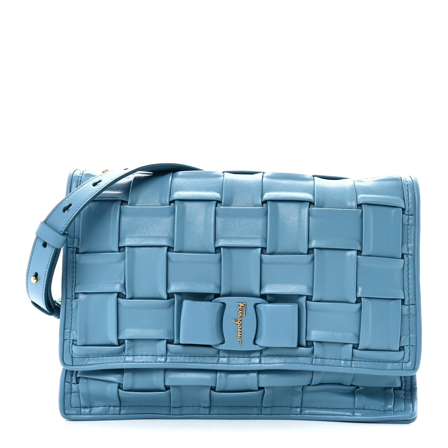 Salvatore Ferragamo Salvatore Ferragamo Woven Calfskin Viva Bow Shoulder Bag Blue