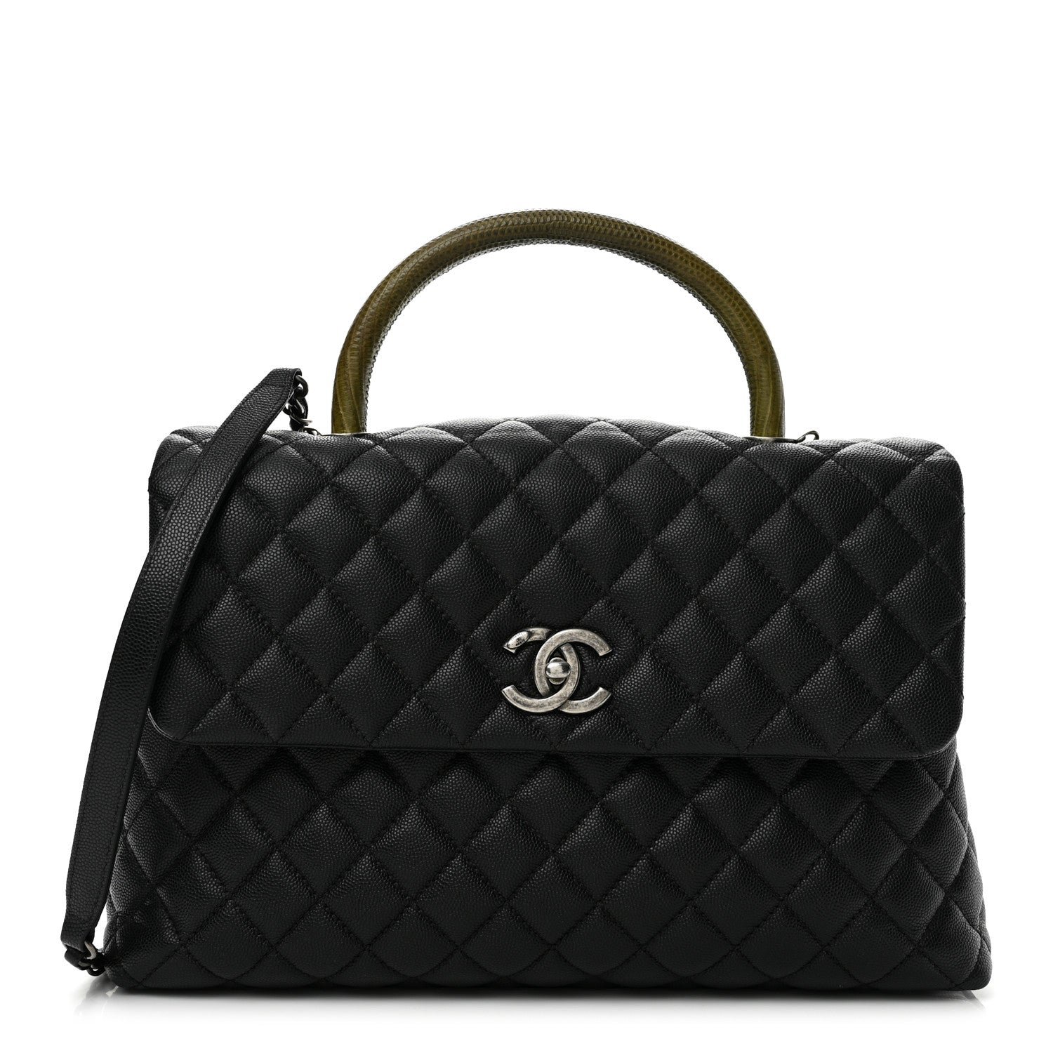 Chanel Caviar Lizard Quilted Medium Coco Handle Flap Black Khaki
