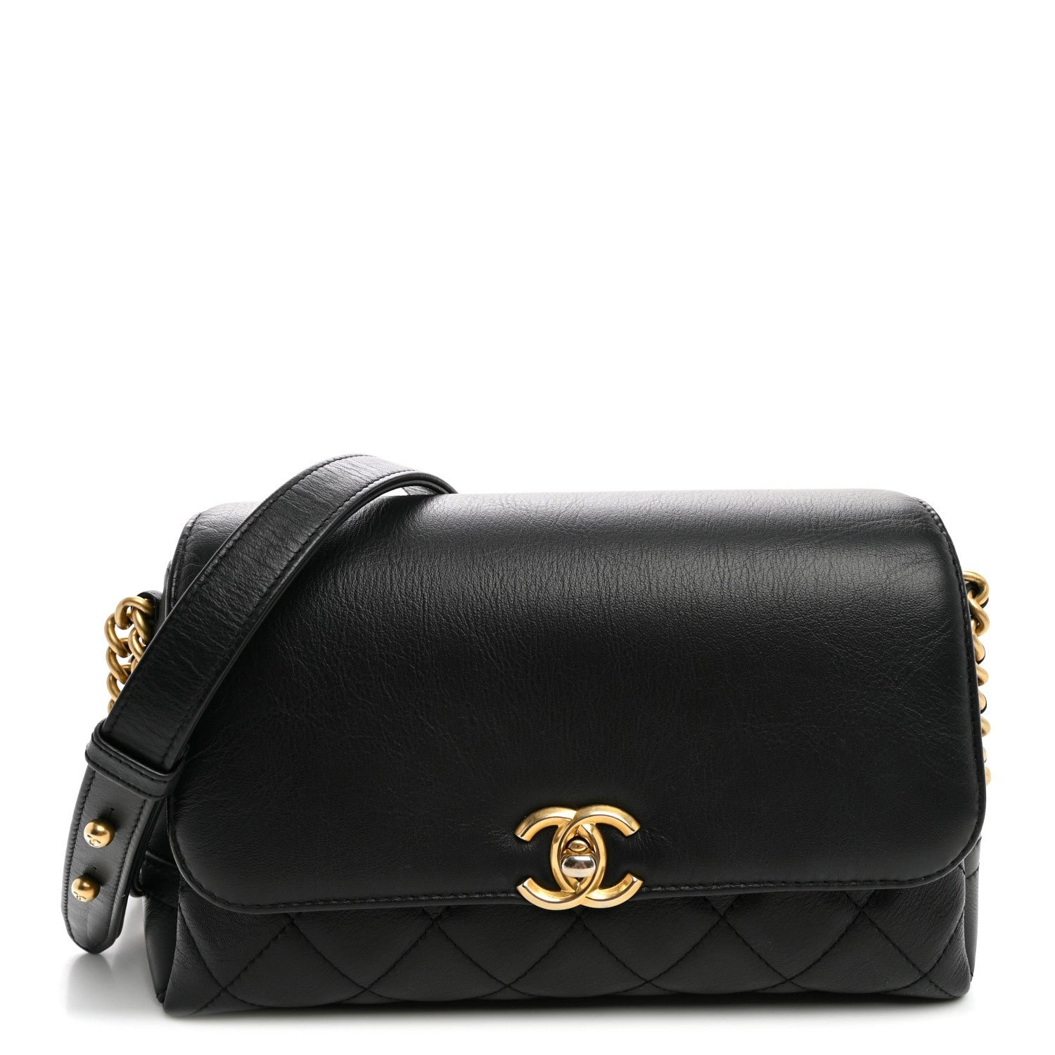 Chanel Calfskin Quilted Side Chain Compartment Flap Black