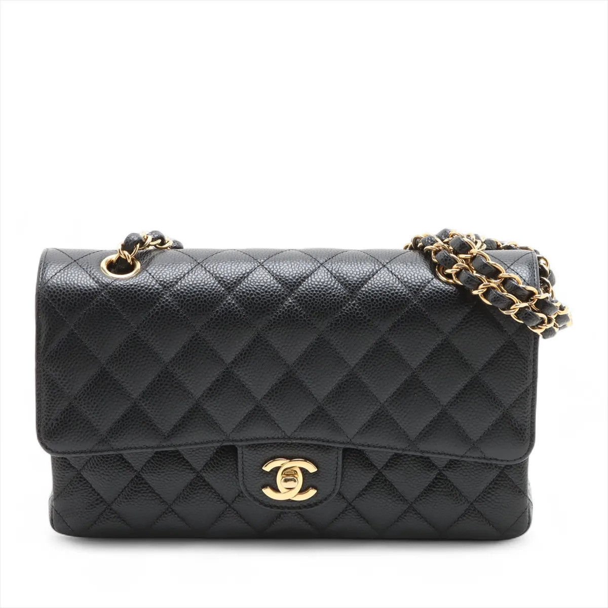 Chanel Matelasse 25 Caviar Skin Double Flap Double Chain Bag Black Gold Metal Fi