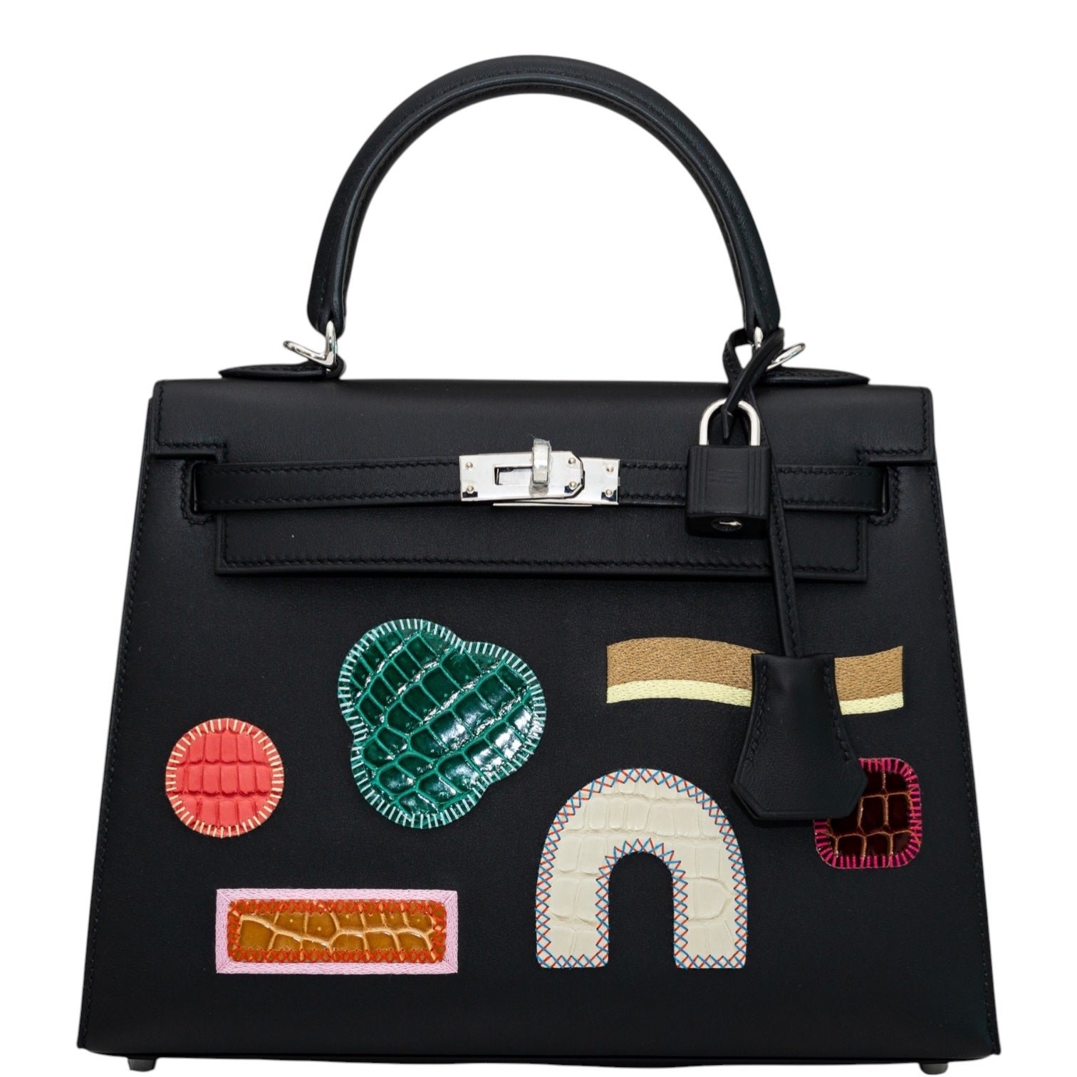 Hermes Hermès Kelly 25 Sellier Broderie Colla Noir Swift & Niloticus Crocodile Palladium Hardware